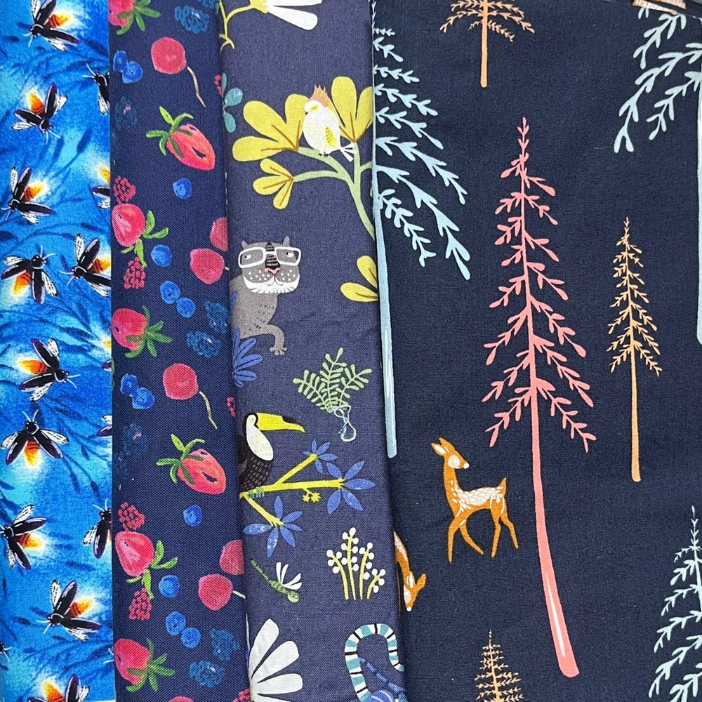 Dark Blue Fabric Bundle 5 Yd Cotton Quilting Sewing, Deer, Jungle Summer Berries